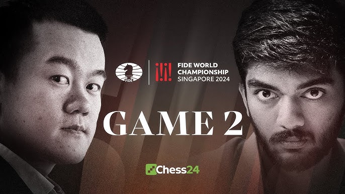 Ding Liren and Gukesh D during Game 2 of the 2024 Chess World Championship.