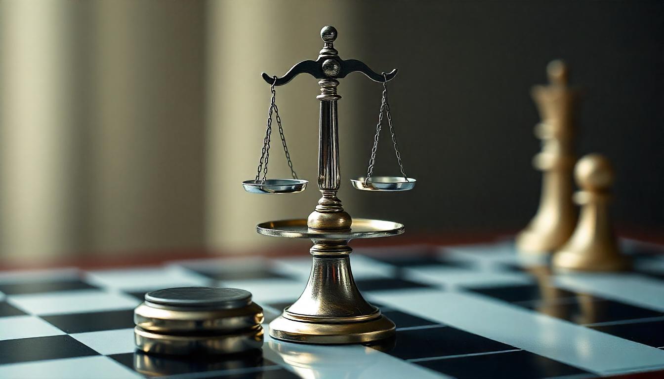 A justice scale on a chessboard, symbolizing fairness in Chess.com policies