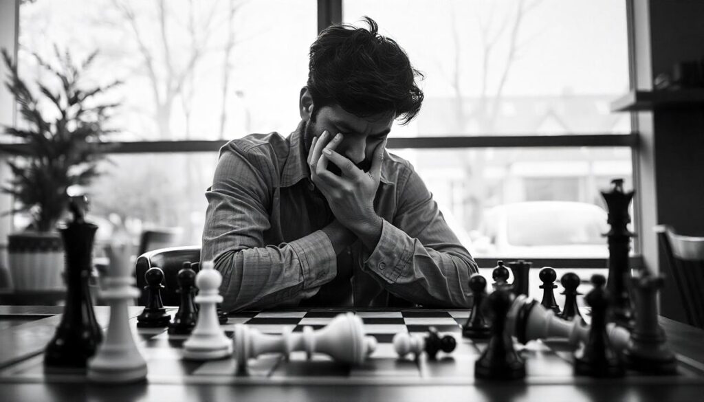 A distressed chess player at a chessboard with their head in their hands and the queen piece lying off the board, representing the emotional toll of losing the queen.