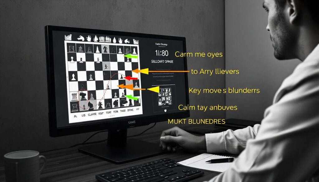 Chess game analysis on a computer screen with arrows showing key moves and mistakes