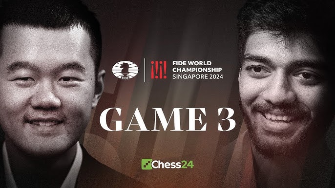 Gukesh and Ding deeply focused during Game 3 of the World Chess Championship 2024.