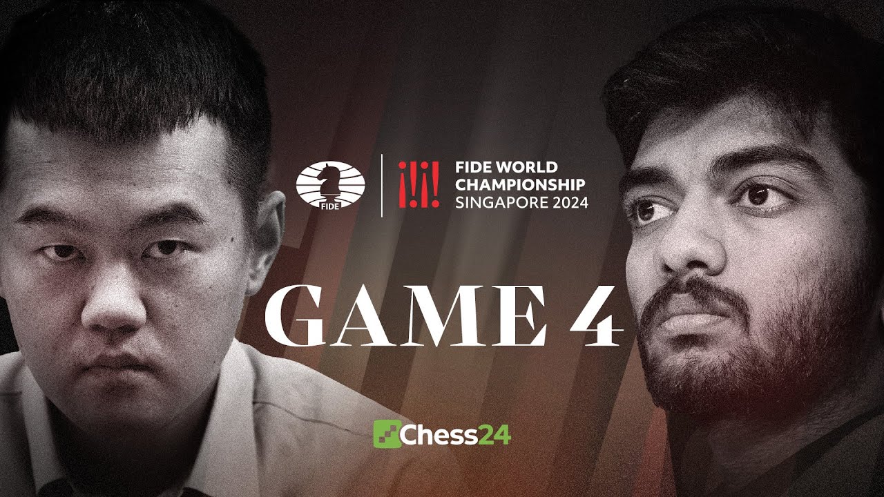 Game 4 of the 2024 Chess World Championship featuring Ding Liren and Gukesh, displayed on a digital chessboard.