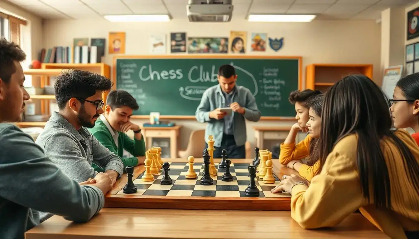 A diverse group of students sitting around a large chessboard in a bright, cheerful classroom.