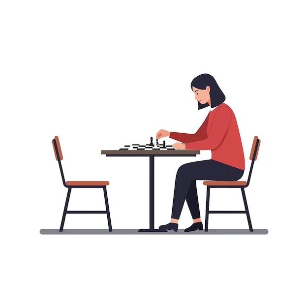 Vector illustration of a young woman playing chess, focused on moving a black pawn. An empty chair suggests an opponent.