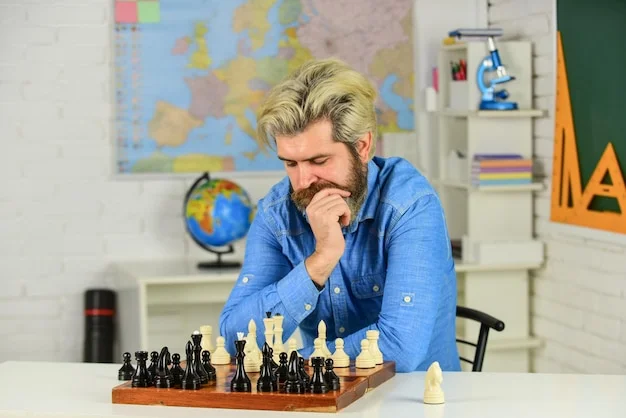 Bearded man in blue shirt deeply focused on a chess game, contemplating his next move in an intellectual setting.