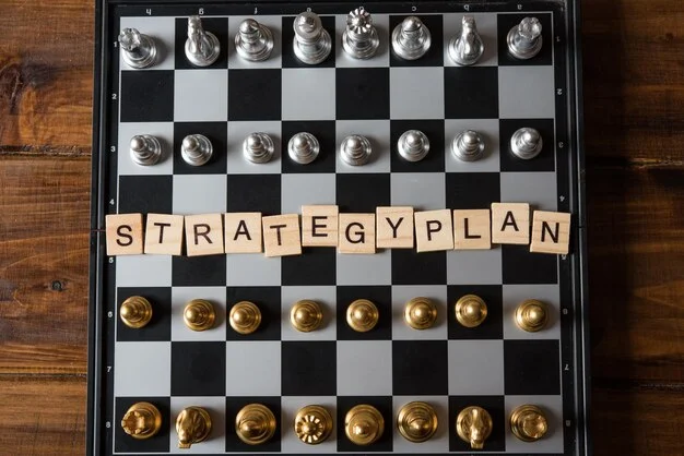 "STRATEGYPLAN" spelled with wooden tiles on a chessboard, surrounded by silver and gold chess pieces, symbolizing strategic thinking.